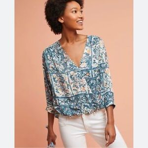 Anthropologie Blue and Cream Floral Patchwork V-Neck Blouse